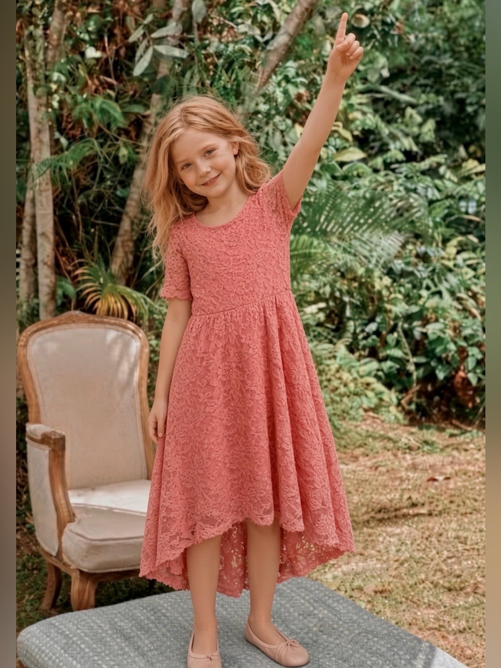 Girls' Dusty Peach Blush Lace Dress 12